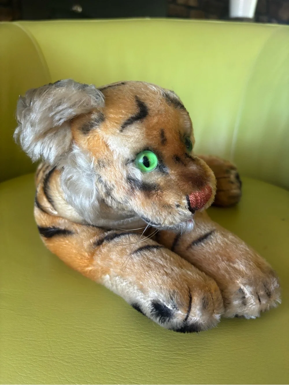 Steiff Vintage Mohair Tiger Stuffed Animal Plush Green Eyes Laying Tiger